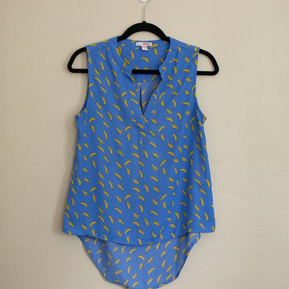 BONGO BLUE AND YELLOW BANANA BRIGHT BLOUSE SZ L
